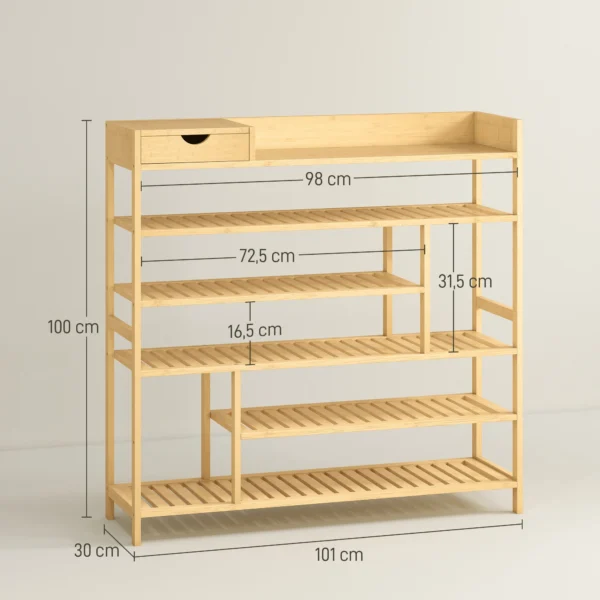 Schoenenrek, schoenenstandaard met 6 niveaus, lade van bamboe, voor max. 18 paar schoenen, schoenenplank voor entree, slaapkamer, 101 x 30 x 100 cm, natuur 4