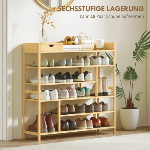 Schoenenrek, schoenenstandaard met 6 niveaus, lade van bamboe, voor max. 18 paar schoenen, schoenenplank voor entree, slaapkamer, 101 x 30 x 100 cm, natuur 5