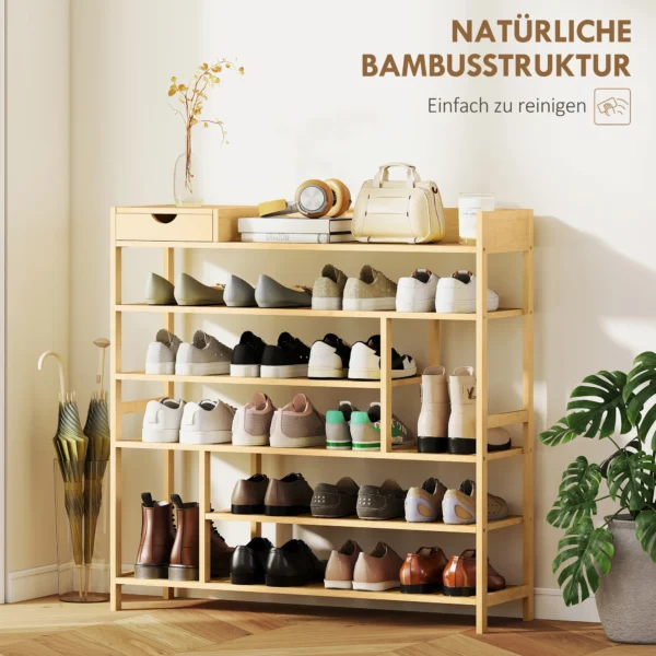 Schoenenrek, schoenenstandaard met 6 niveaus, lade van bamboe, voor max. 18 paar schoenen, schoenenplank voor entree, slaapkamer, 101 x 30 x 100 cm, natuur 6
