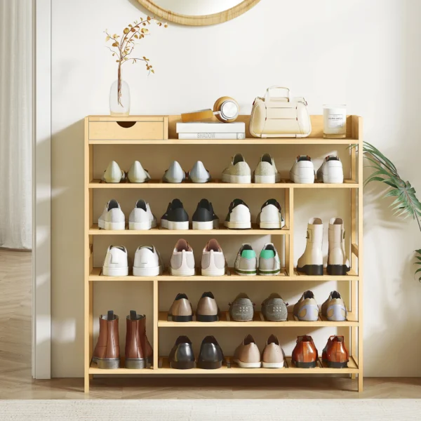Schoenenrek, schoenenstandaard met 6 niveaus, lade van bamboe, voor max. 18 paar schoenen, schoenenplank voor entree, slaapkamer, 101 x 30 x 100 cm, natuur 9