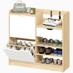 Schoenenrek voor gang, schoenenkast met kantellades, open rekken, 4 haken, voor maximaal 14 paar schoenen, wit 1