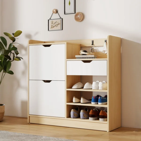 Schoenenrek voor gang, schoenenkast met kantellades, open rekken, 4 haken, voor maximaal 14 paar schoenen, wit 10