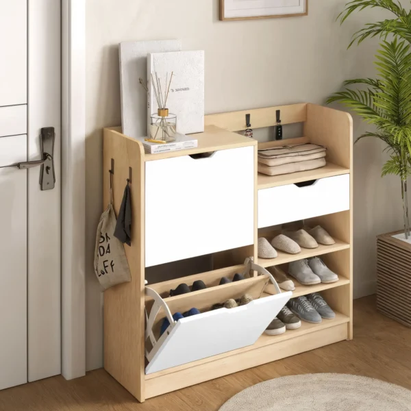 Schoenenrek voor gang, schoenenkast met kantellades, open rekken, 4 haken, voor maximaal 14 paar schoenen, wit 2