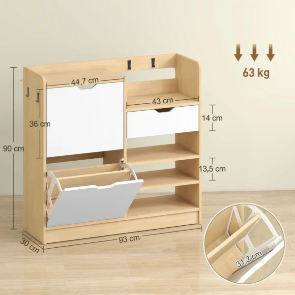 Schoenenrek voor gang, schoenenkast met kantellades, open rekken, 4 haken, voor maximaal 14 paar schoenen, wit 4