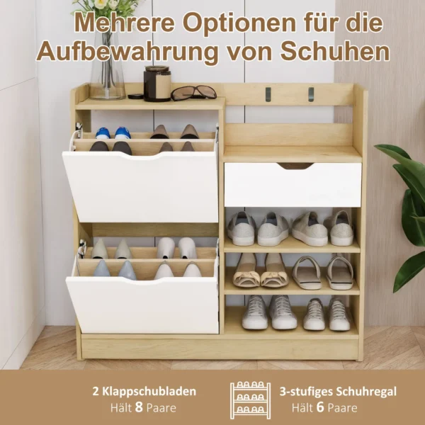 Schoenenrek voor gang, schoenenkast met kantellades, open rekken, 4 haken, voor maximaal 14 paar schoenen, wit 5