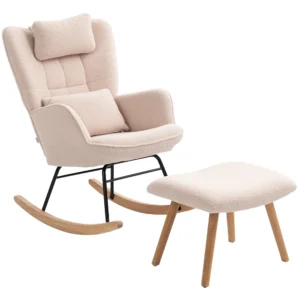 Schommelstoel met voetenbankje, zachte fleece hoes, houten poten, kussen, hoge rugleuning, schommelstoel, beige 1