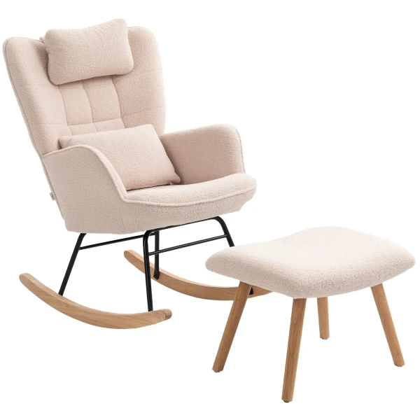 Schommelstoel met voetenbankje, zachte fleece hoes, houten poten, kussen, hoge rugleuning, schommelstoel, beige 1