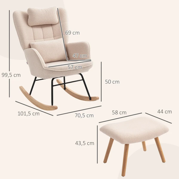 Schommelstoel met voetenbankje, zachte fleece hoes, houten poten, kussen, hoge rugleuning, schommelstoel, beige 4