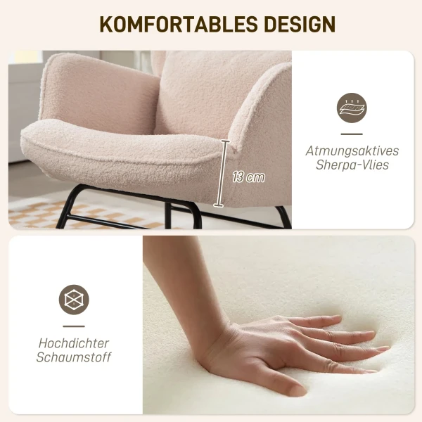 Schommelstoel met voetenbankje, zachte fleece hoes, houten poten, kussen, hoge rugleuning, schommelstoel, beige 6