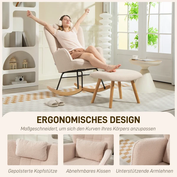 Schommelstoel met voetenbankje, zachte fleece hoes, houten poten, kussen, hoge rugleuning, schommelstoel, beige 7