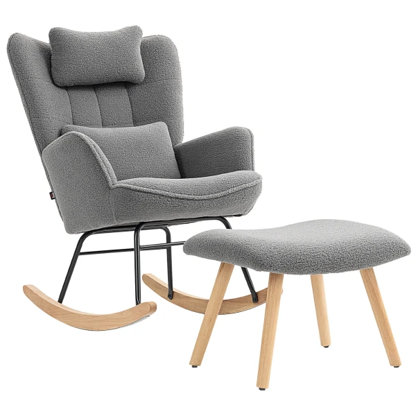 Schommelstoel met voetenbankje, zachte fleece hoes, houten poten, kussen, hoge rugleuning, schommelstoel, donkergrijs 1