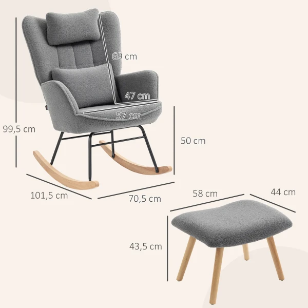 Schommelstoel met voetenbankje, zachte fleece hoes, houten poten, kussen, hoge rugleuning, schommelstoel, donkergrijs 4
