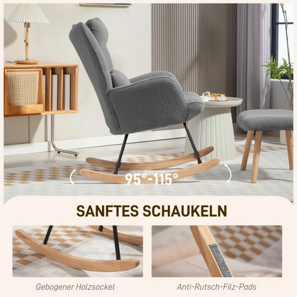 Schommelstoel met voetenbankje, zachte fleece hoes, houten poten, kussen, hoge rugleuning, schommelstoel, donkergrijs 5