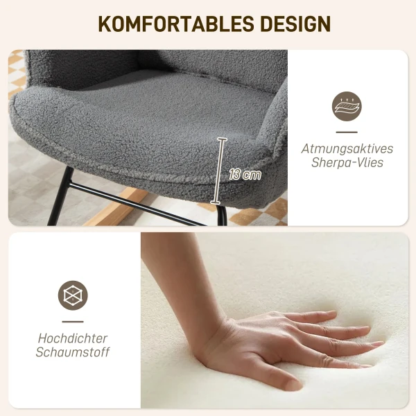 Schommelstoel met voetenbankje, zachte fleece hoes, houten poten, kussen, hoge rugleuning, schommelstoel, donkergrijs 6