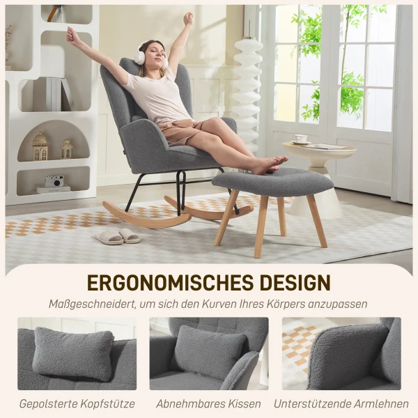 Schommelstoel met voetenbankje, zachte fleece hoes, houten poten, kussen, hoge rugleuning, schommelstoel, donkergrijs 7