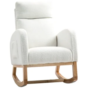 Schommelstoel, relaxfauteuil, dikke bekleding, knusse hoes, houten frame, tot 120 kg draagvermogen, crèmewit 1