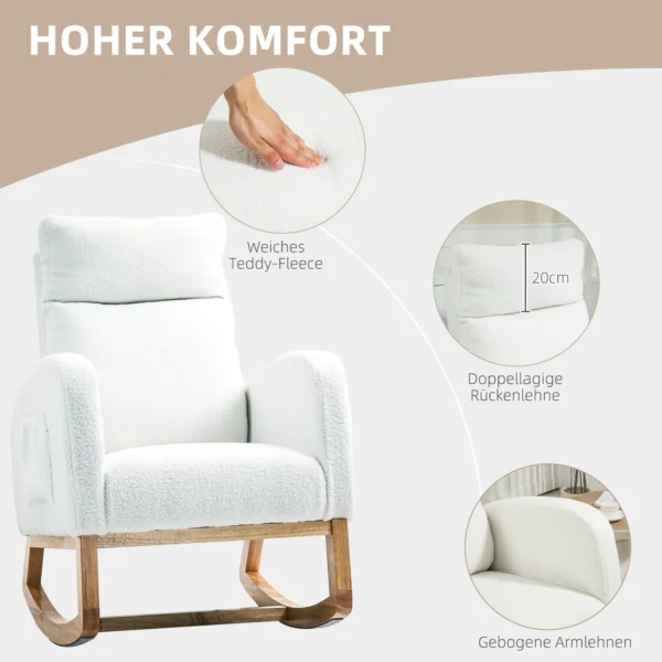 Schommelstoel, relaxfauteuil, dikke bekleding, knusse hoes, houten frame, tot 120 kg draagvermogen, crèmewit 7