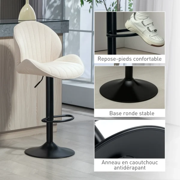 Set van 2 barkrukken in schelpvorm, rugleuning, hoogte verstelbaar en voetensteun, stalen frame, beige 5