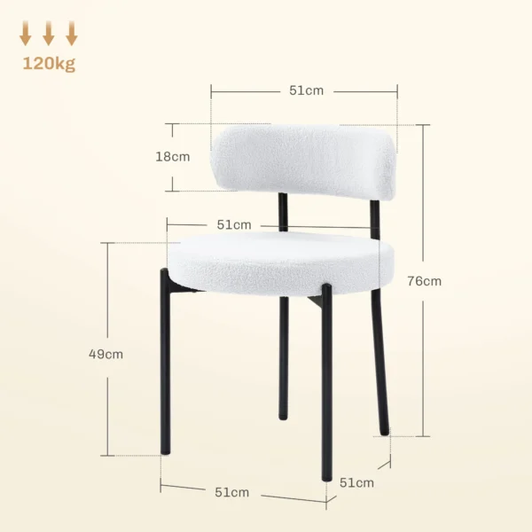 Set van 2 eetkamerstoelen, fleece bekleding, stoelen met gestoffeerde zitting, metalen poten, crème wit 4