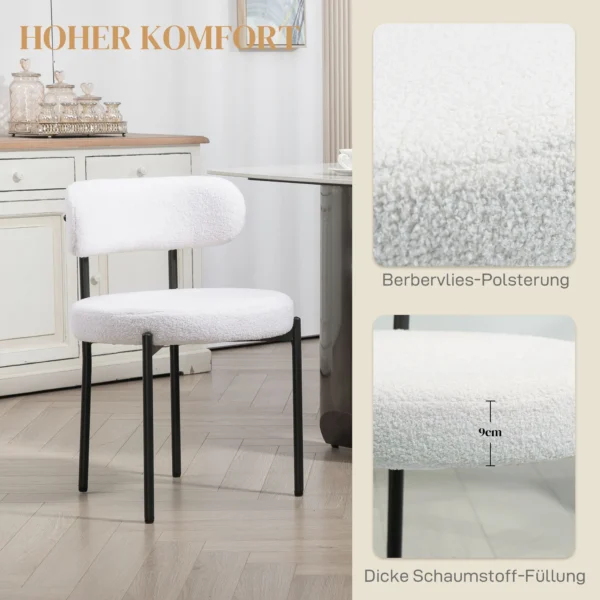 Set van 2 eetkamerstoelen, fleece bekleding, stoelen met gestoffeerde zitting, metalen poten, crème wit 6