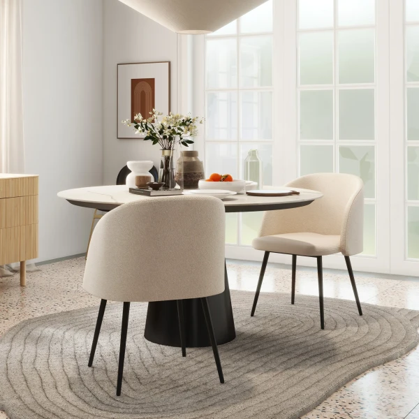 Set van 2 eetkamerstoelen, gestoffeerde stoelen met stoffen bekleding, keukenstoelen met stalen poten, gebogen rugleuning, crèmewit 2