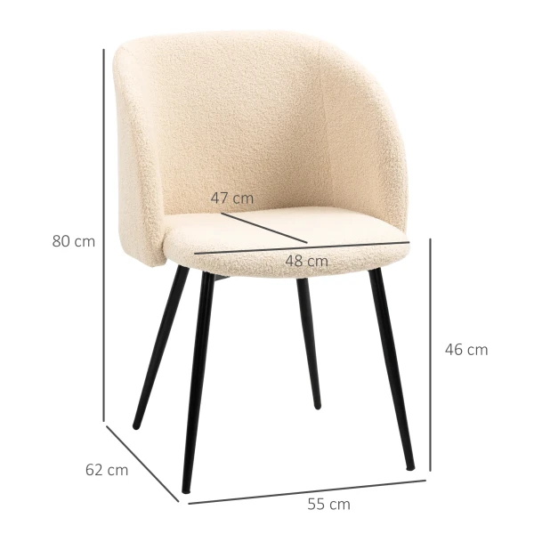 Set van 2 eetkamerstoelen, gestoffeerde stoelen met stoffen bekleding, keukenstoelen met stalen poten, gebogen rugleuning, crèmewit 4