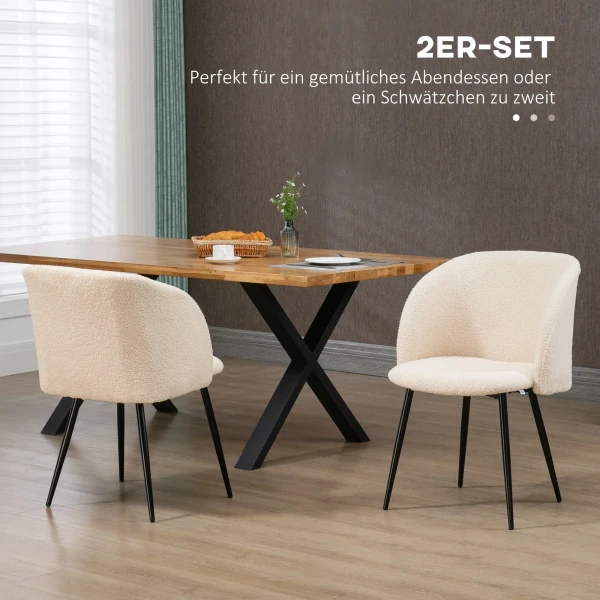 Set van 2 eetkamerstoelen, gestoffeerde stoelen met stoffen bekleding, keukenstoelen met stalen poten, gebogen rugleuning, crèmewit 5