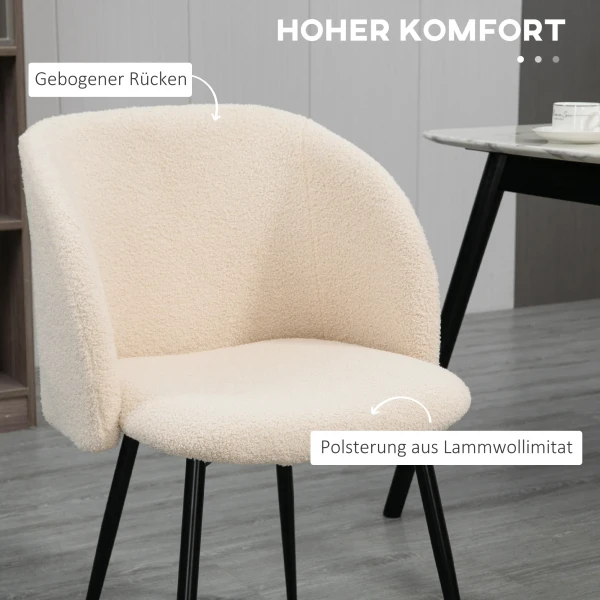 Set van 2 eetkamerstoelen, gestoffeerde stoelen met stoffen bekleding, keukenstoelen met stalen poten, gebogen rugleuning, crèmewit 6