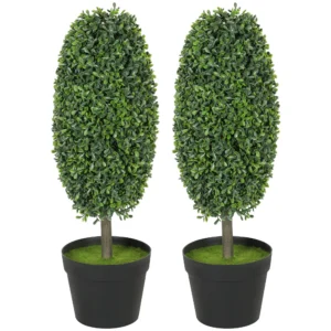 Set van 2 kunstmatige planten, uv bestendige kunstbomen in pot, kunststof, cement, groen 1