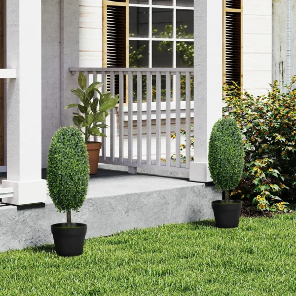 Set van 2 kunstmatige planten, uv bestendige kunstbomen in pot, kunststof, cement, groen 2