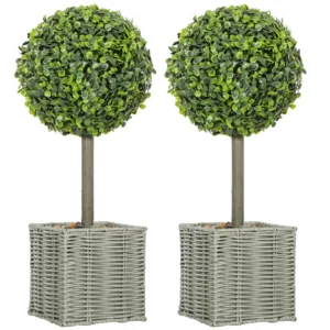 Set van 2 kunstplanten, uv bestendige kunstbomen in pot, geschikt voor binnen en buiten, kunststof, cement, groen 1