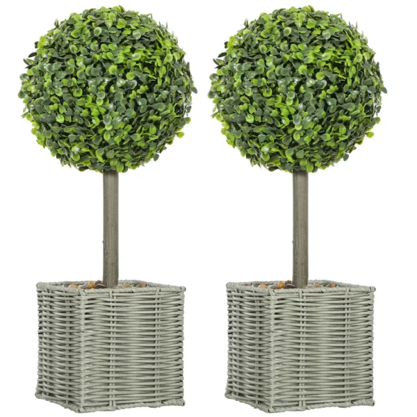 Set van 2 kunstplanten, uv bestendige kunstbomen in pot, geschikt voor binnen en buiten, kunststof, cement, groen 1