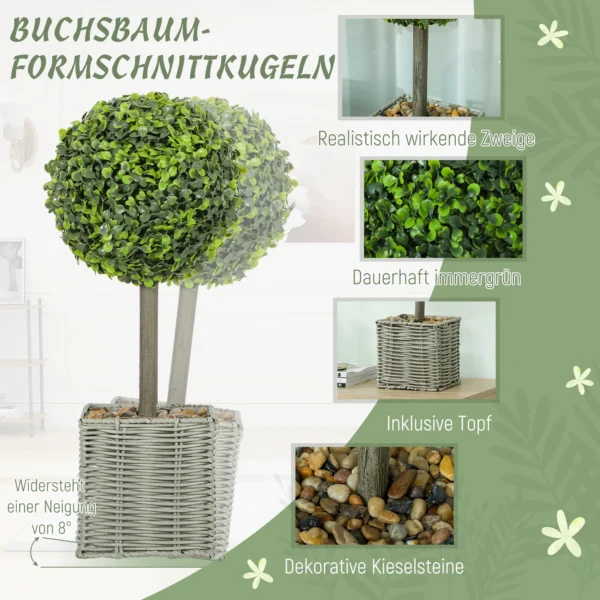 Set van 2 kunstplanten, uv bestendige kunstbomen in pot, geschikt voor binnen en buiten, kunststof, cement, groen 5