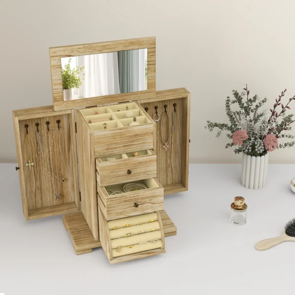 Sieradendoos, juwelendoos, 4 laags indeling, geïntegreerde spiegel, hout, bruin 2
