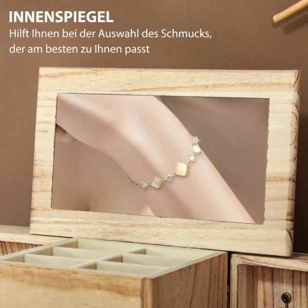 Sieradendoos, juwelendoos, 4 laags indeling, geïntegreerde spiegel, hout, bruin 6