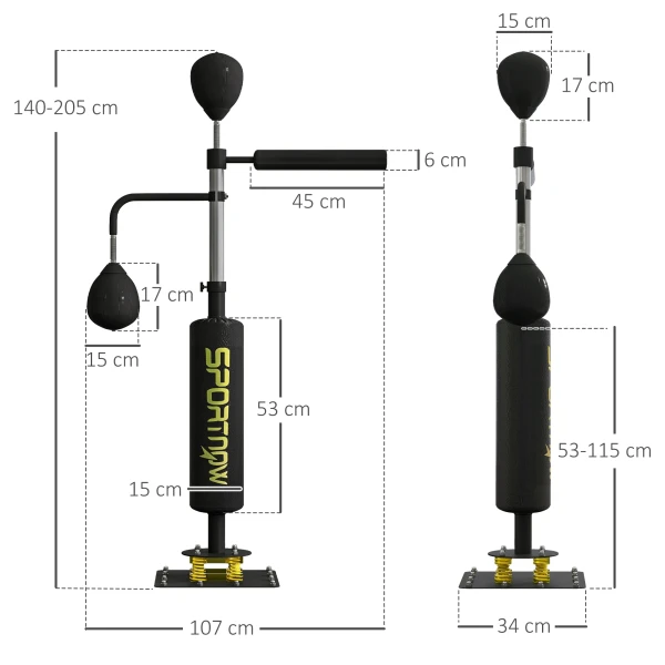 Sportnow boksstandaard, twee speedballen, draaibare boksstang, trapkussen, in hoogte verstelbaar, staal, 107 x 36 x 140 205 cm, zwart 4
