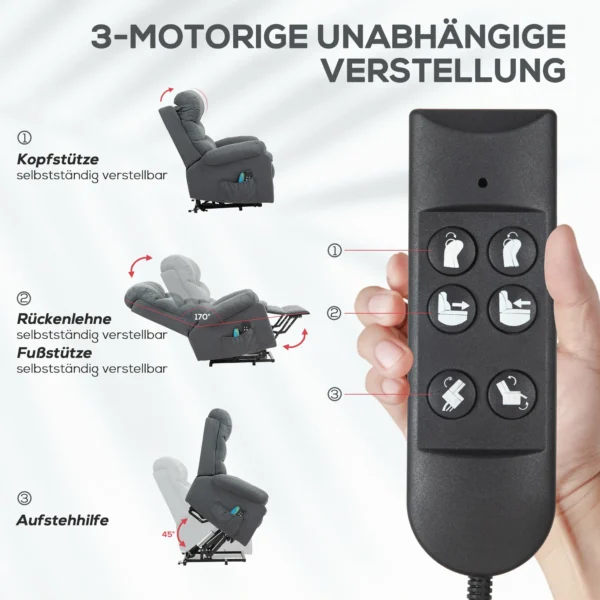 Sta op stoel, elektrische ligstoel met massagefunctie, gestoffeerde stoel met sta op functie, metaal, stof, grijs 5