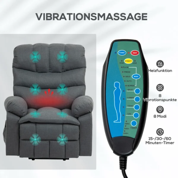 Sta op stoel, elektrische ligstoel met massagefunctie, gestoffeerde stoel met sta op functie, metaal, stof, grijs 7