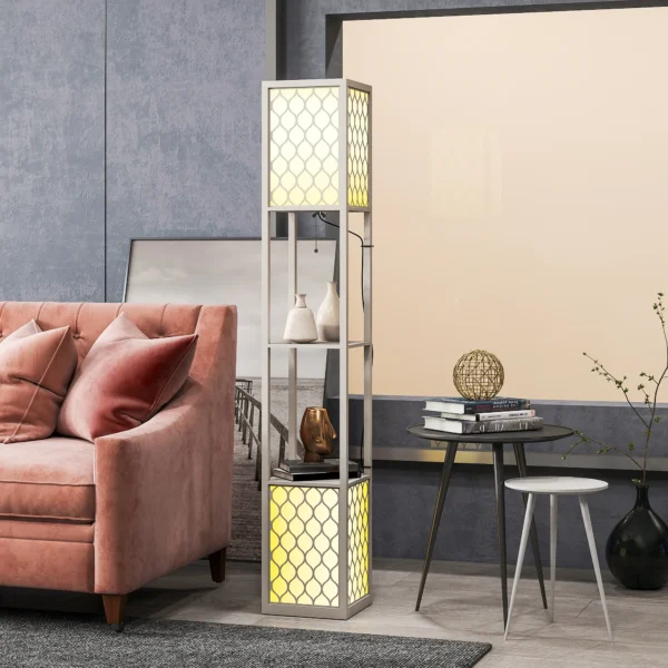 Staande lamp in modern design, 2 planken, trekkoordschakelaar, 26 cm x 26 cm x 156 cm, zwart + wit 9