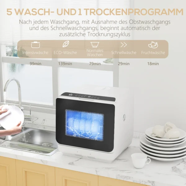 Tafelvaatwasser, mini vaatwasser met 6 liter tank, 5 programma's, led display, droogfunctie, wit 6