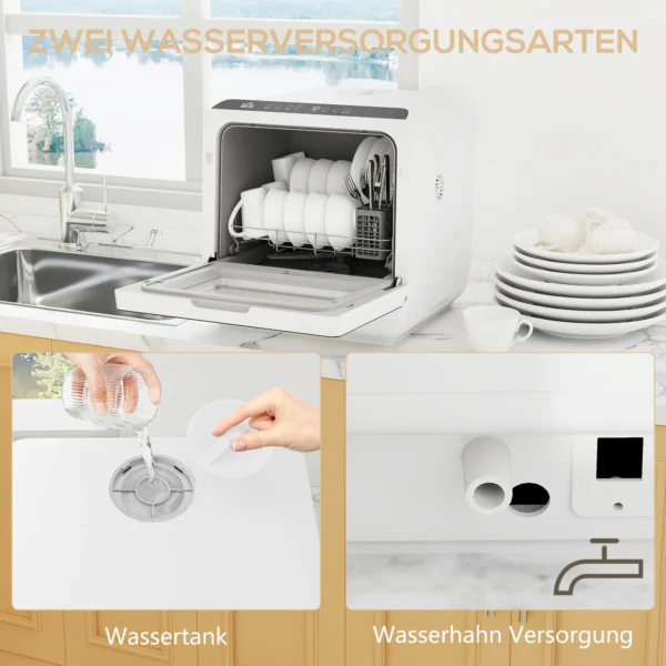 Tafelvaatwasser, mini vaatwasser met 6 liter tank, 5 programma's, led display, droogfunctie, wit 7