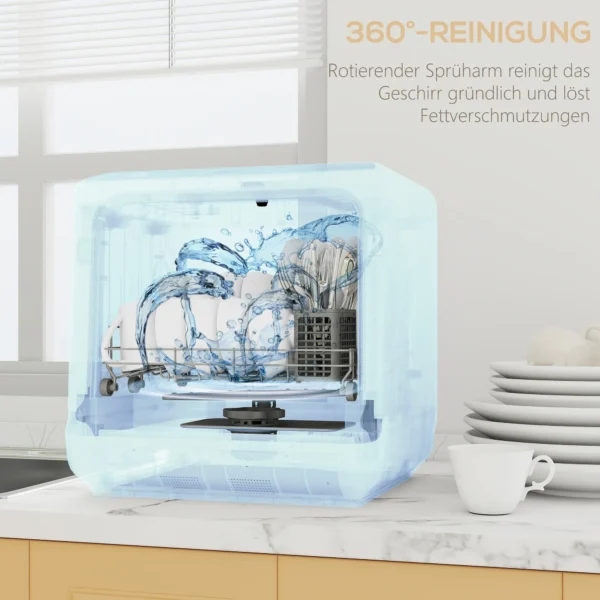 Tafelvaatwasser, mini vaatwasser met 6 liter tank, 5 programma's, led display, droogfunctie, wit 8