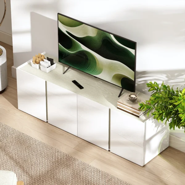 Tv meubel voor 65 inch televisie, tv kast met soft close deuren, aanpasbare planken, kabelgaten, voor woonkamer, wit 10