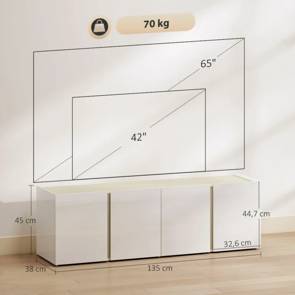 Tv meubel voor 65 inch televisie, tv kast met soft close deuren, aanpasbare planken, kabelgaten, voor woonkamer, wit 4