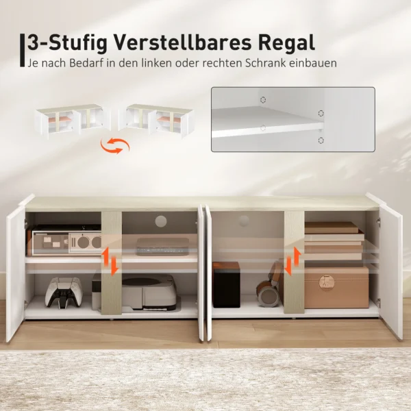 Tv meubel voor 65 inch televisie, tv kast met soft close deuren, aanpasbare planken, kabelgaten, voor woonkamer, wit 7