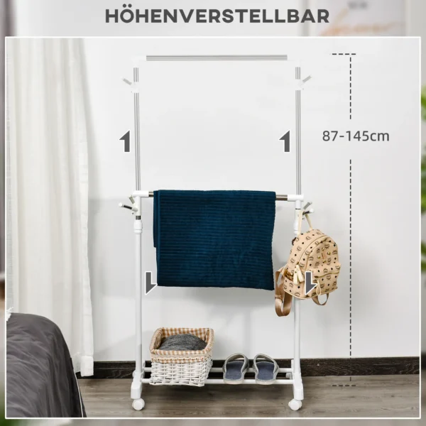 Verrijdbare kledingrek, in hoogte verstelbaar, met onderste plank, 4 wielen, wit 5