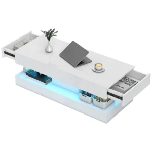 Woonkamertafel met lades en led lampjes, moderne salontafel met open opbergruimte, bijzettafel, spaanplaat, wit 1