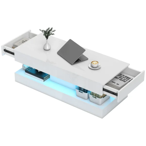 Woonkamertafel met lades en led lampjes, moderne salontafel met open opbergruimte, bijzettafel, spaanplaat, wit 1