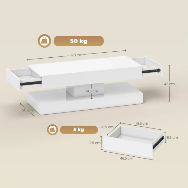 Woonkamertafel met lades en led lampjes, moderne salontafel met open opbergruimte, bijzettafel, spaanplaat, wit 4
