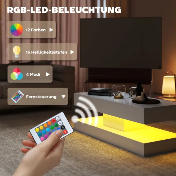 Woonkamertafel met lades en led lampjes, moderne salontafel met open opbergruimte, bijzettafel, spaanplaat, wit 5